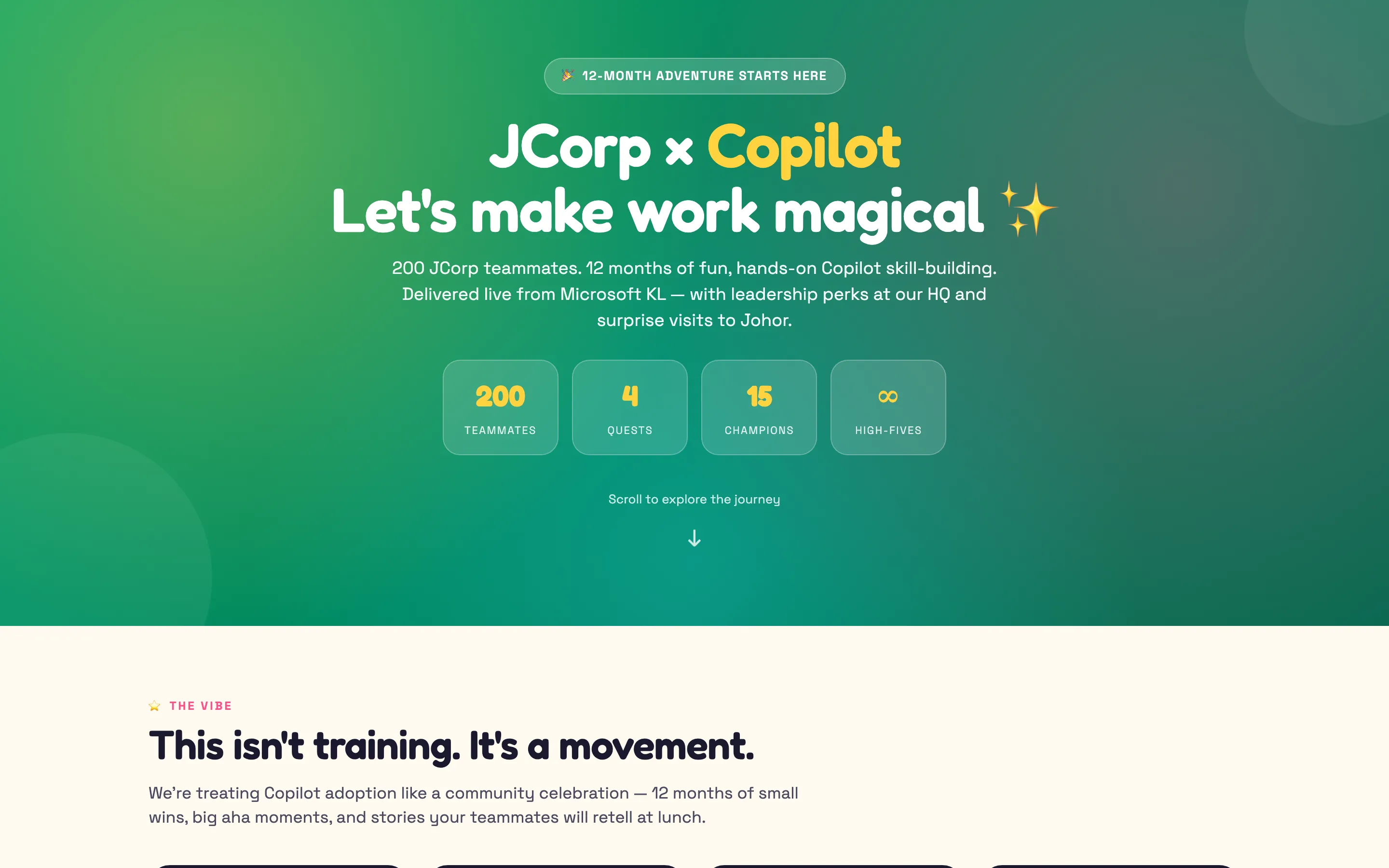 JCorp x Copilot — a bright green playful microsite framing Copilot adoption as a 12-month adventure